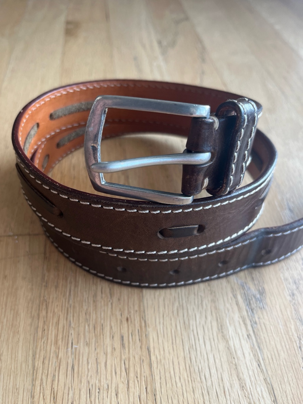 John Varvatos Brown Leather Pewter Belt 32 / 80 Hand Made Italy Stitching